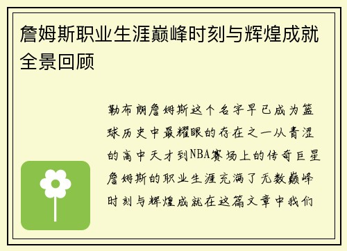 詹姆斯职业生涯巅峰时刻与辉煌成就全景回顾