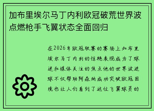 加布里埃尔马丁内利欧冠破荒世界波点燃枪手飞翼状态全面回归 加布里埃尔马丁内利欧冠破荒世界波点燃枪手飞翼状态全面回归