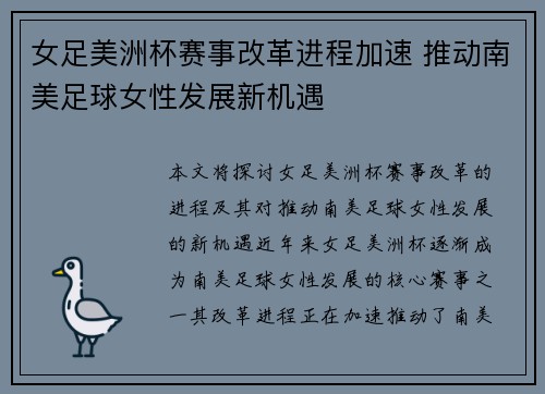 女足美洲杯赛事改革进程加速 推动南美足球女性发展新机遇