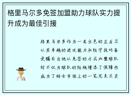 格里马尔多免签加盟助力球队实力提升成为最佳引援